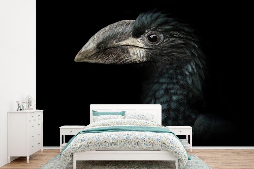 MuchoWow Fototapete für Wohnzimmer oder Schlafzimmer Wandtapete Vinyl Motivtapete Vogel - Porträt - Hornvogel - Schwarz - Tiere - 390x260 cm - ...