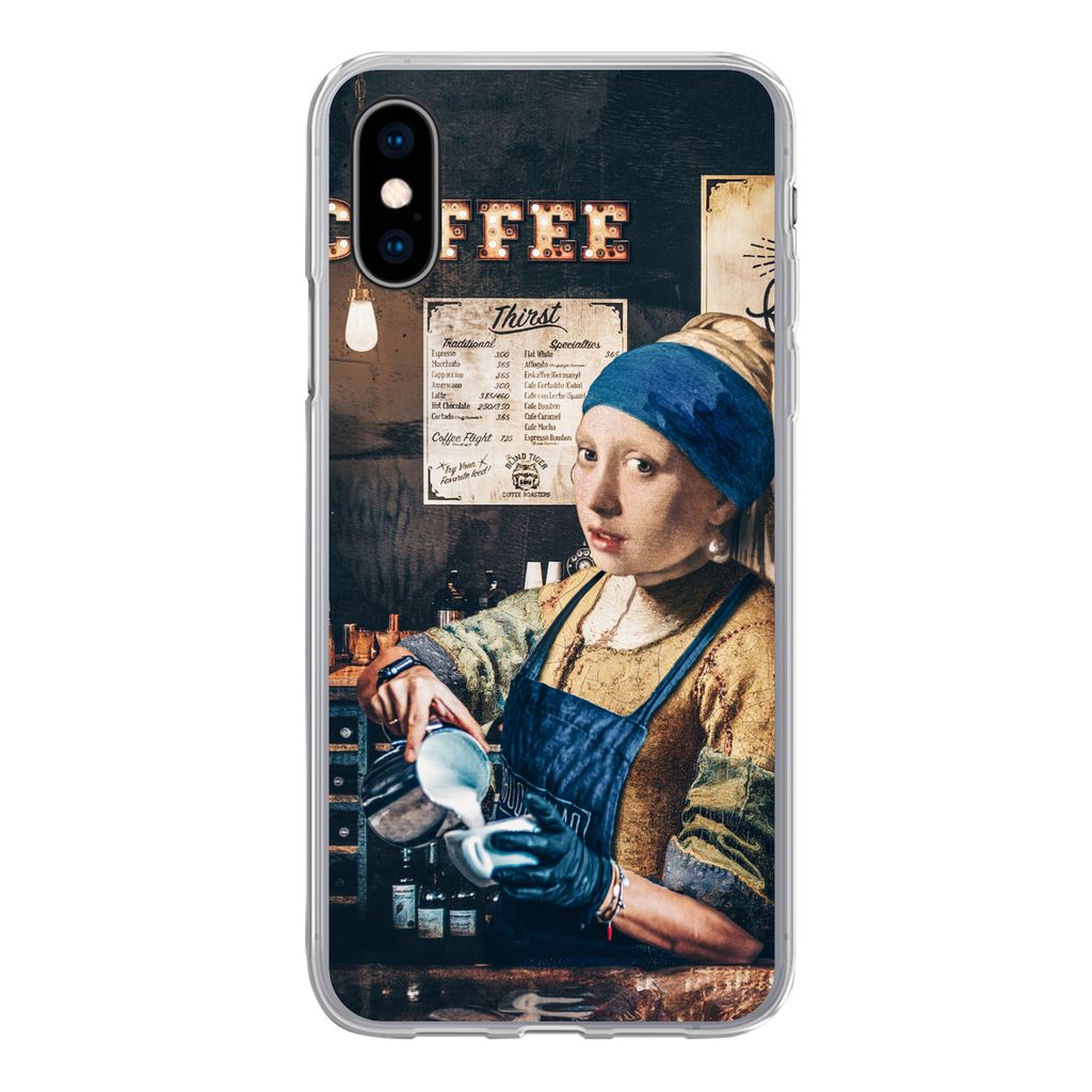 MuchoWow Handyhülle Schutzhülle Hülle für iPhone X Mädchen mit Perlenohrring - Cappuccino - Barista - Vermeer - Kaffee - Gemälde Silikon So...