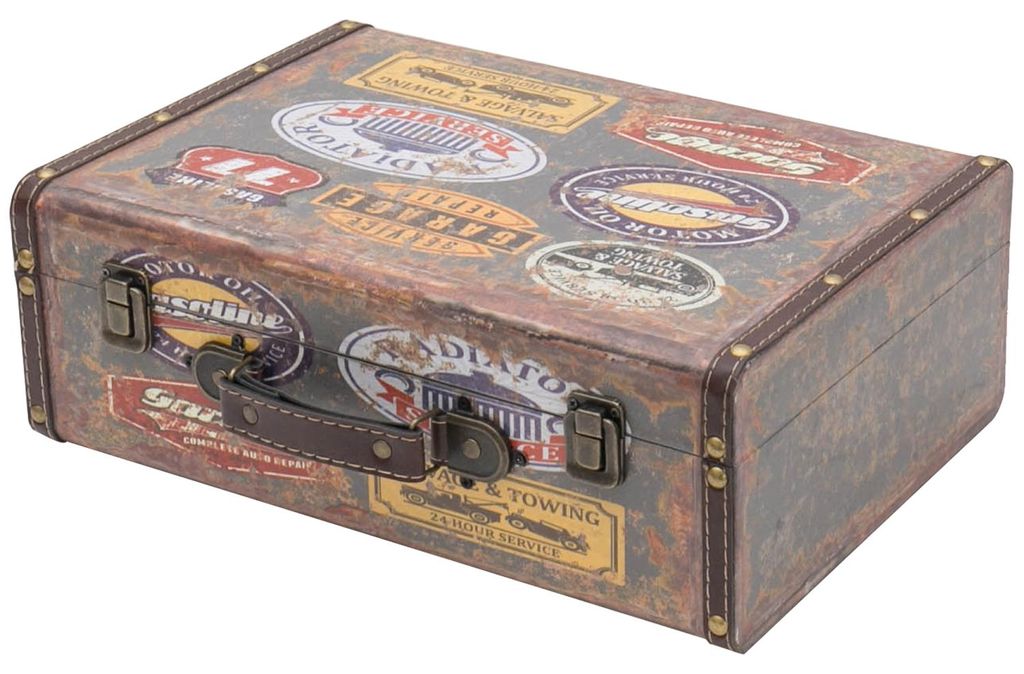 HMF Deko Koffer aus Holz mit Deckel und Ledergriff, Garage, 38 x 26 x 13 cm