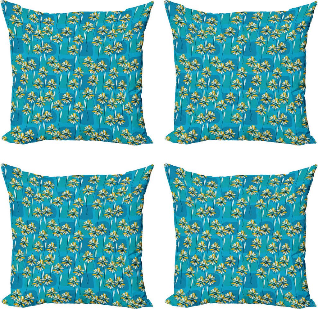 ABAKUHAUS Blumen Kissenbezug Set (4 Stück), Flüchtige Garten-Blumen, Moderner Doppelseitiger Digitaldruck, 40 cm x 40 cm, Blau Gelb und Weiß