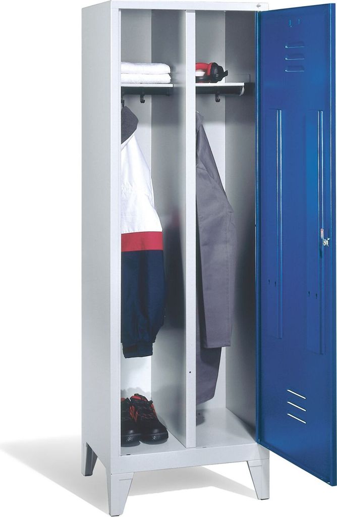 Garderobenschrank, eine Tür über zwei Abteile, BxTxH 610x500x1850 mm, 2 Abt., Abt.B 300 mm, Füße, Drehriegel, RAL 7035/5010