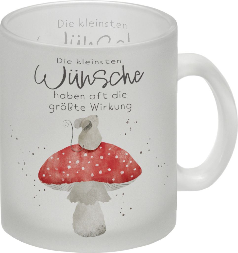 Maus auf Fliegenpilz Glas Tasse mit Spruch Kleinste Wünsche größte Wirkung