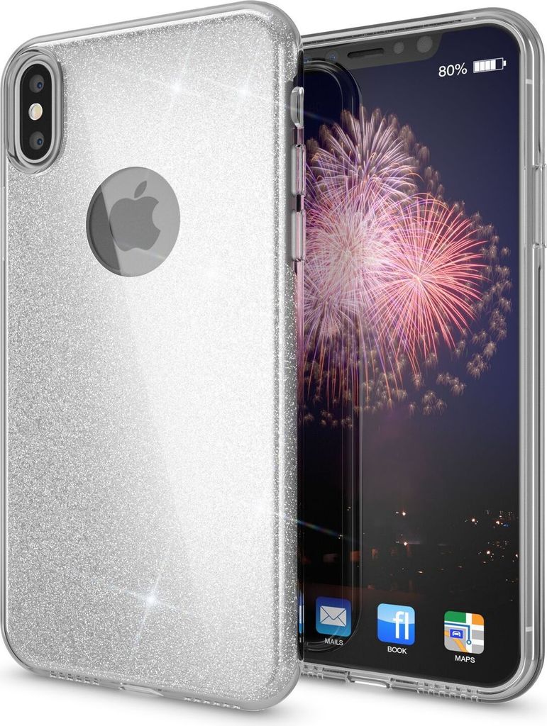 NALIA Glitzer Hülle für iPhone X XS, Slim 3in1 Handy Schutz Case Back Cover Etui Silber