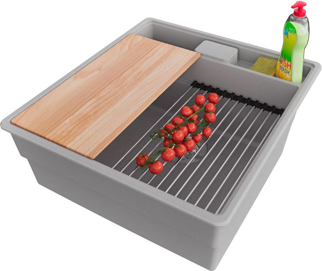 PRIMAGRAN Spülbecken Grau 48x53cm, Granitspüle 1 Becken + Ablauf-Set + Küchenzubehörset, Küchenspüle ab 50er Unterschrank - New York