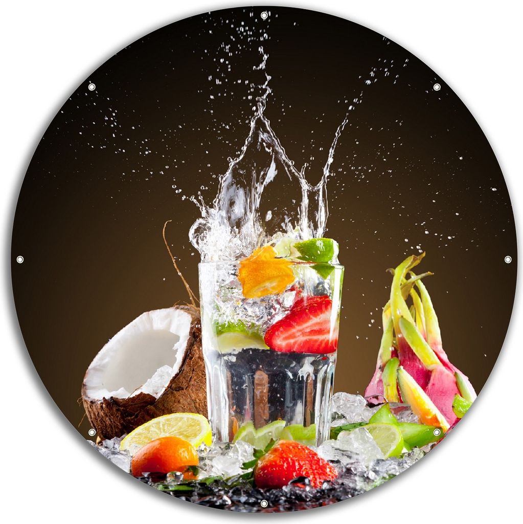 Wallario rundes Outdoor-Poster für Garten oder Balkon, Motiv Tropische Früchte in einem erfrischenden Drink, 60 cm Durchmesser