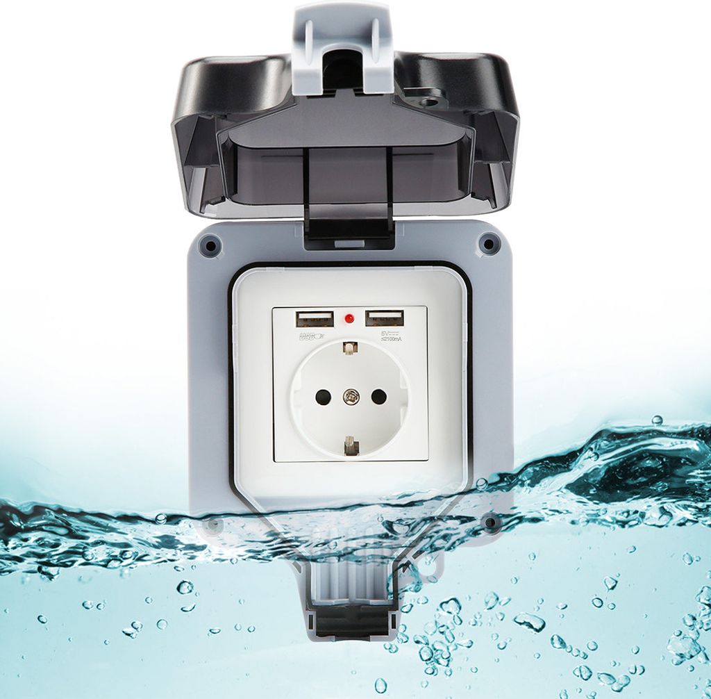 1 Gang IP66 Aufputz Feuchtraum Wasserdichte Steckdosen Wandsteckdose mit Deckel Außensteckdose Gartensteckdose mit USB Port