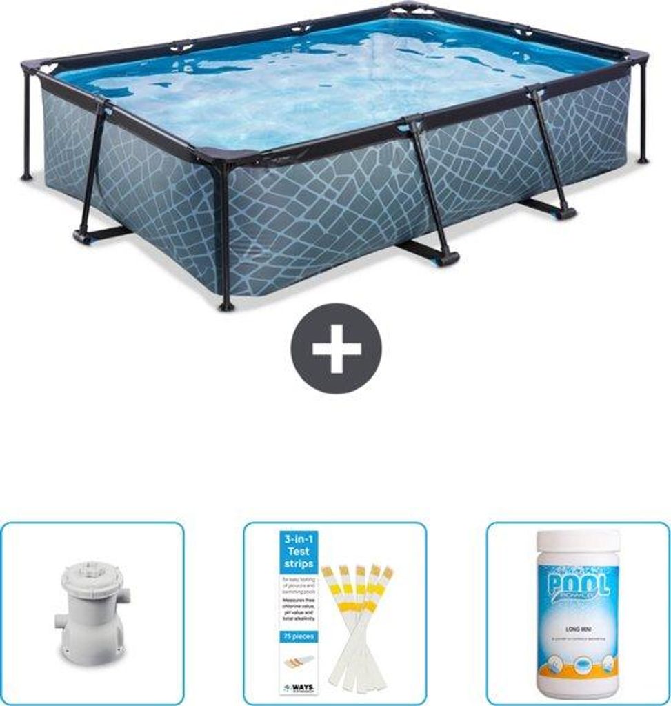 Rechteckiges Schwimmbadrahmen - 300 x 200 x 65 cm - Mit Pumpe - Testrips - Chlor - Jetzt besonders