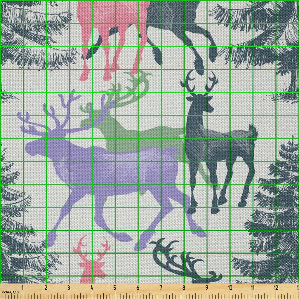 ABAKUHAUS Hirsch Satin Stoff als Meterware, Kiefern mit Tieren Geweih Winter Saison Dezember Weihnachten Themen Illustration, 5 M (148 x 500 cm), M...