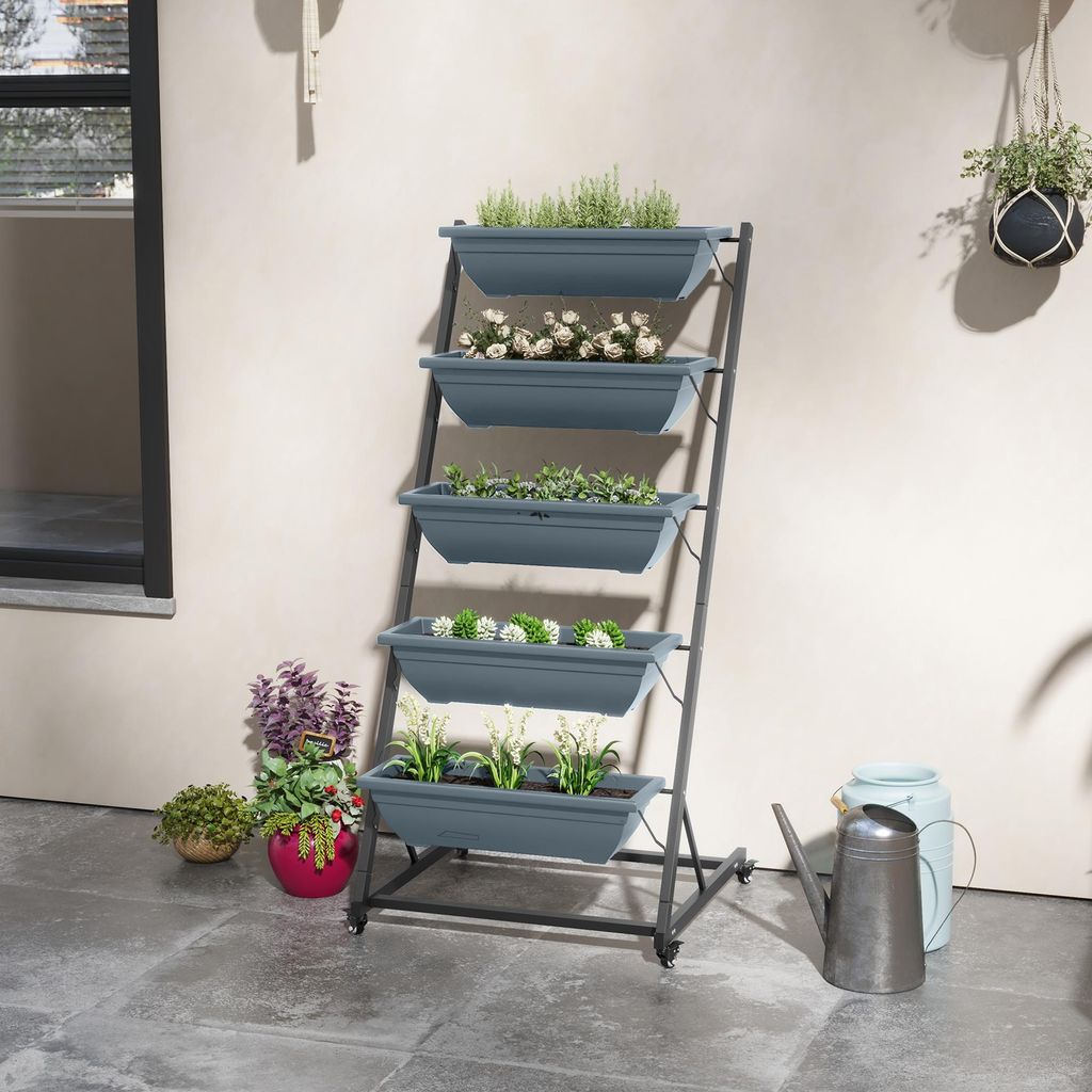 Pflanzentreppe Blumentreppe Pflanzenregal, stapelbar, wetterbeständig, Grau +, Stahl, Kunststoff, für Garten und Terrasse