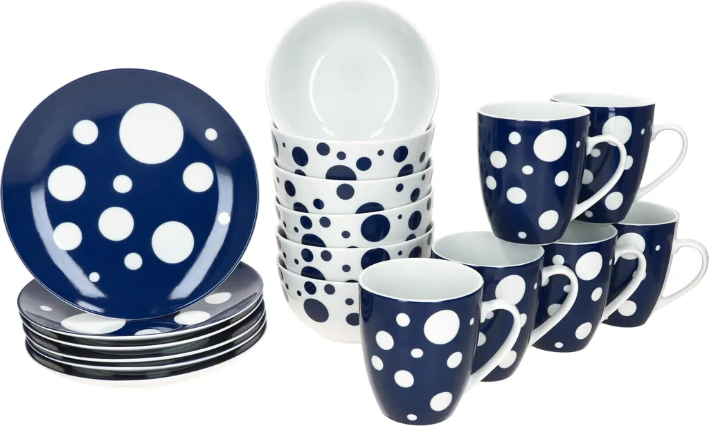 Pula blu 18 pezzi Set da colazione Piatti in porcellana Ciotola Tazza a pois