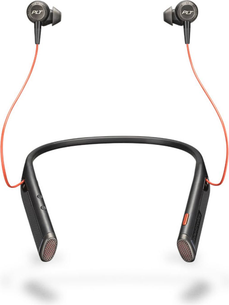A pair of black and gray wireless earbuds with orange accents, connected by a neckband, displayed against a white background.