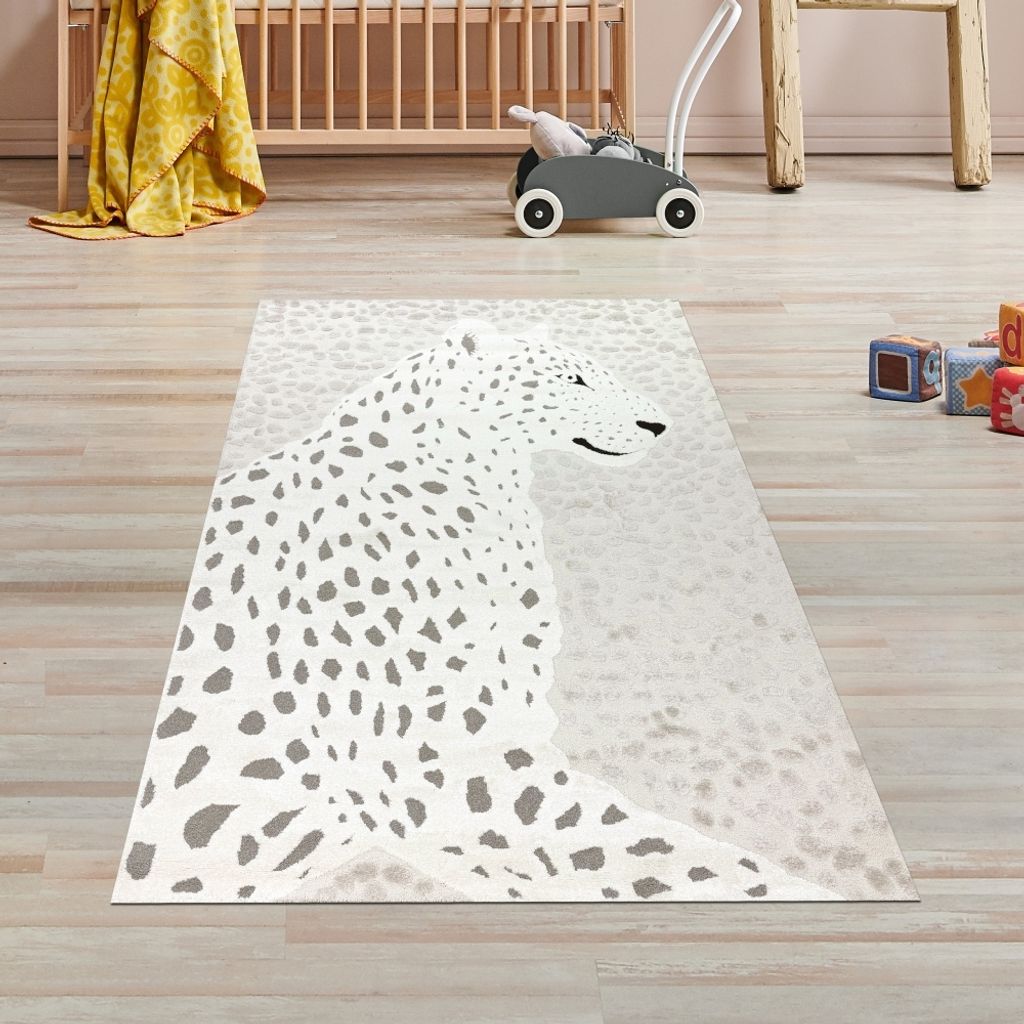 Weicher Kinderzimmer-Teppich mit 3d Leoparden muster in creme grau Größe - 80 x 150 cm