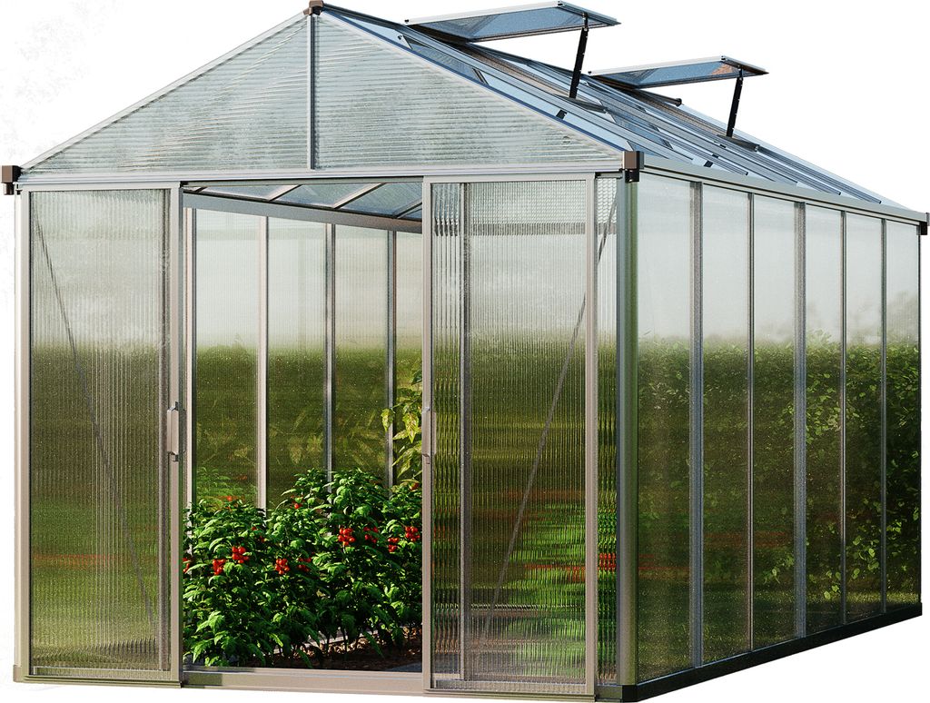 GFP Gewächshaus TITAN 24 aus Alu 222x437 cm, starke 10 mm Doppelstegplatten mit Zusatzfenstern, automatischen Fensteröffnern