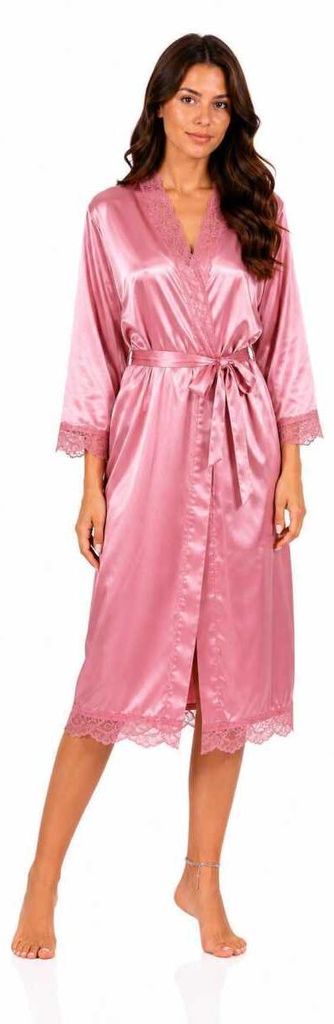Damen Satin Morgenmantel lang mit Spitze – Kimono Produktbild 