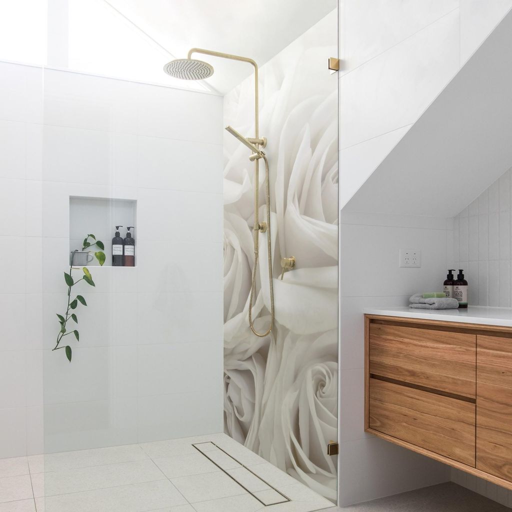 Duschrückwand mit Motiv selbstklebend - 0.61 mm Wandpaneel wasserfest Rose beige Motiv Badrückwand fugenlos Premium matt 80x210 cm