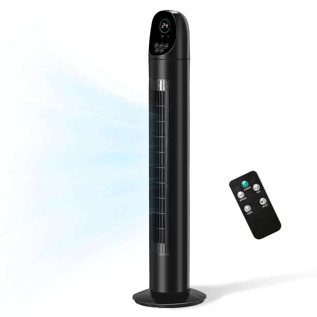 A black tower fan with a remote control on a white background. Air is shown being emitted from the fan.