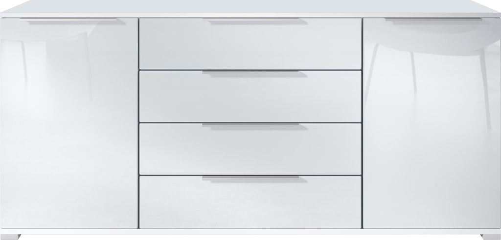 Vladon Sideboard Linio V2 – Moderne Kommode mit 2 Türen & 4 Schubladen, Weiß matt/Weiß Hochglanz, 166,5 x 72,5 x 35 cm (BxHxT) – Beistellsch...