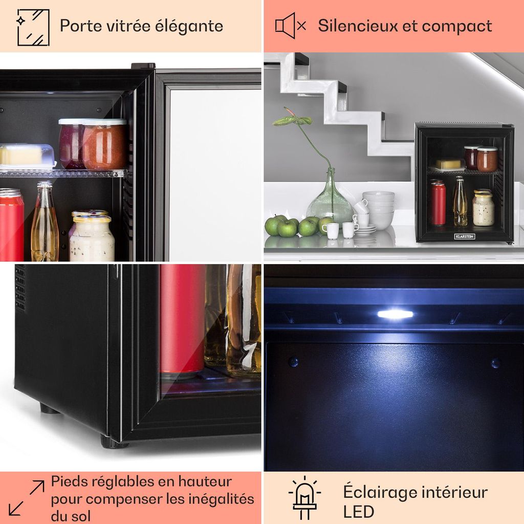 Klarstein Mini réfrigérateur portable, petit réfrigérateur de bureau, mini réfrigérateur de chambre avec bac à glace et dégivreur manuel, réfrigérateur de camping, mini bar, 0-10°C, 46L