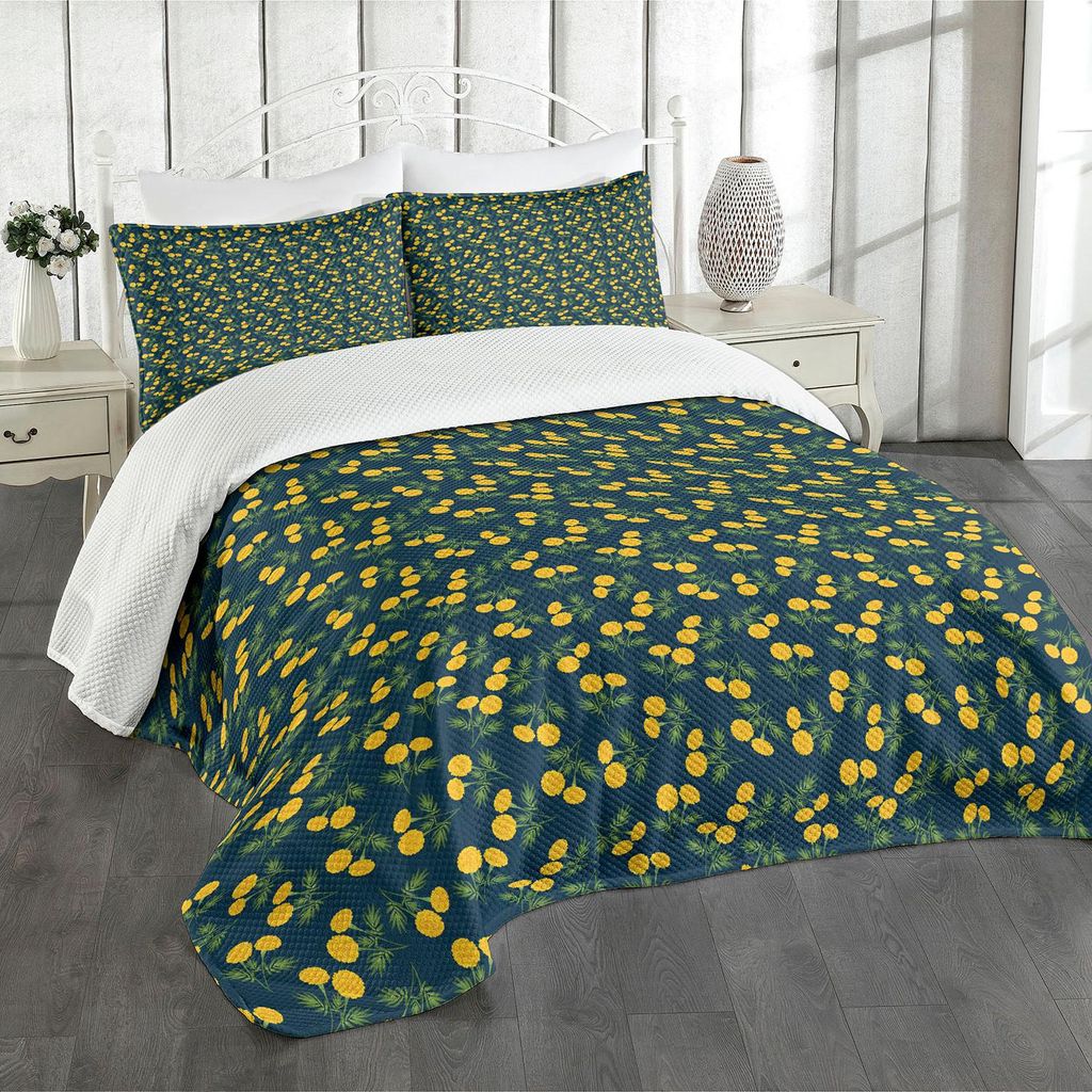 ABAKUHAUS Blume Tagesdecke Set, Kontinuierliche Muster der Gartennelken Blumen Romantik Valentinstag, 264 x 220 cm, Mehrfarbig Grün