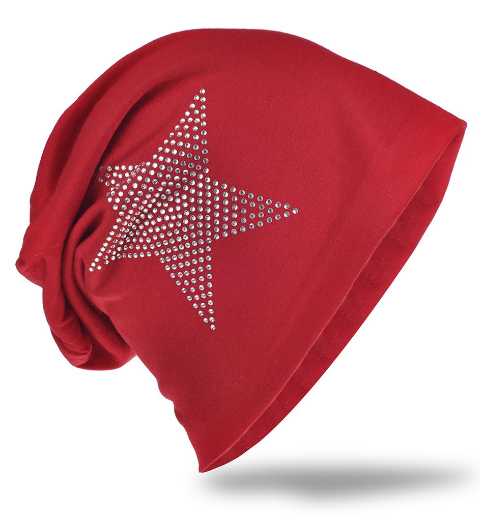 Beanie Muetze Strass Stern Weinrot