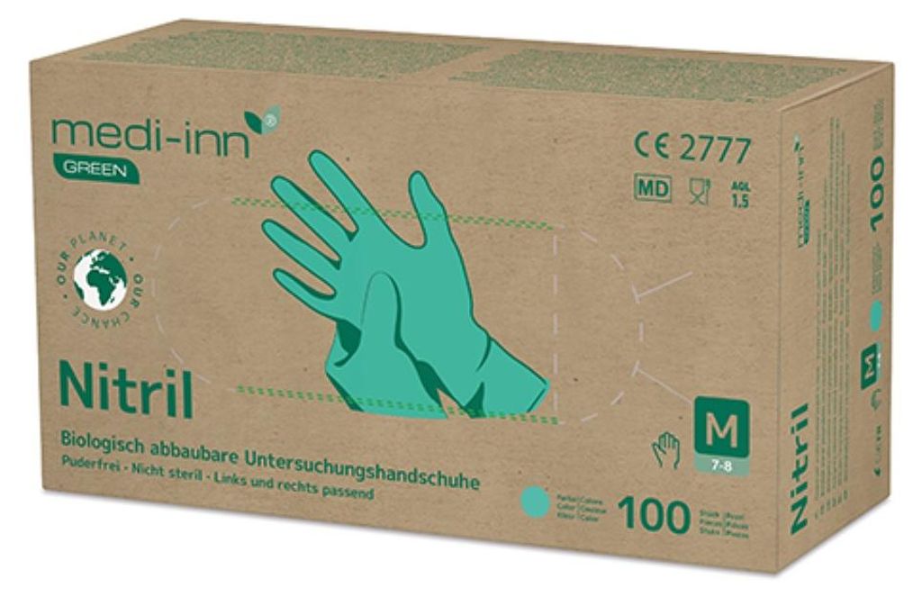 100 "Medi-Inn GREEN" Handschuhe, Nitril puderfrei grün Größe M, biologisch abbaubar