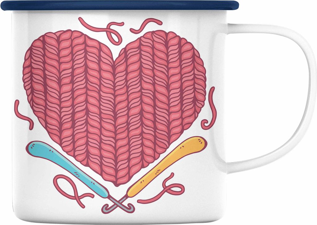 Trendation - Häkeln Emaille Tasse Geschenk Valentinstag Geschenkidee Mama Oma Herz Häckeln Stricken (Blau)