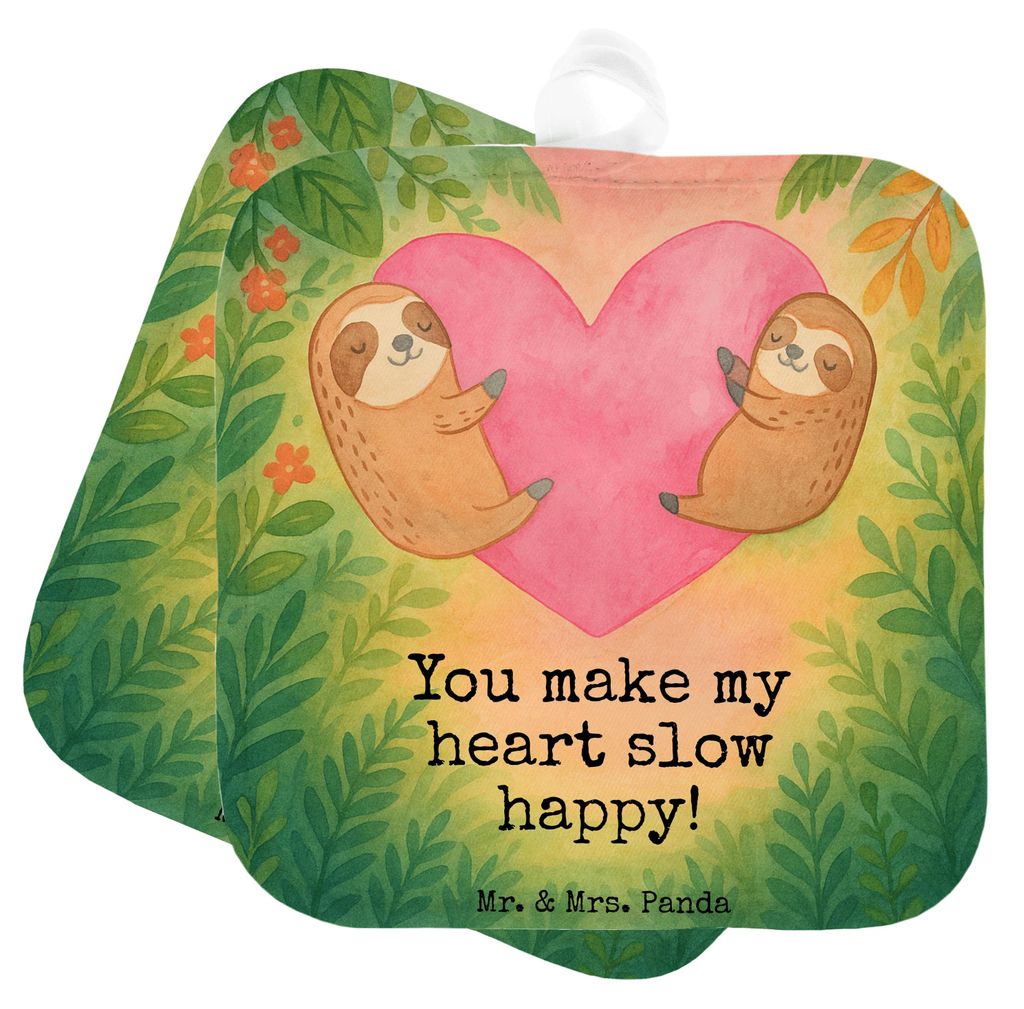 Mr. & Mrs. Panda Topflappen Faultiere Herz Design - Weiß - Geschenk, Set, für Partner, Kochlappen, Mitbringsel, Frauen, Topfuntersetzer, Ofenlapp...