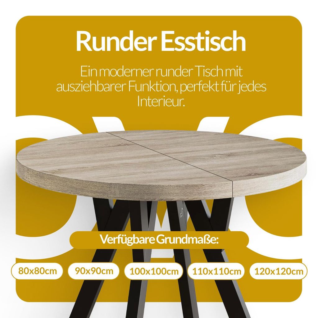 Esstisch Rund Ovo, Esstisch Ausziehbar 100-200 cm, Moderner Produktbild 