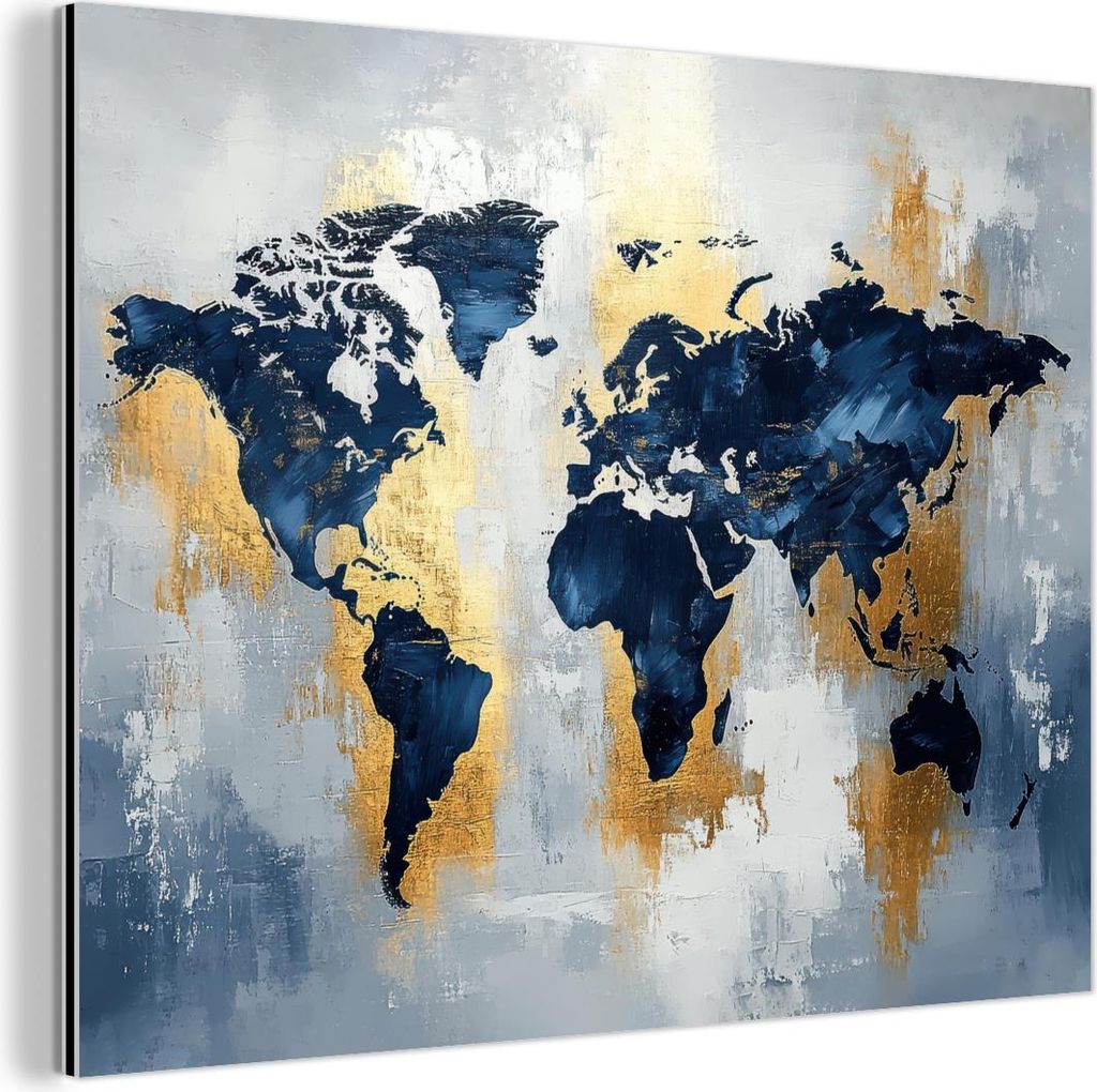 MuchoWow Wanddekoration Metall Metallbild Wandkunst 40x30 cm Weltkarte - Blau - Abstrakt MuchoWow Aluminium Gemälde - Dekoration Wohnzimmer