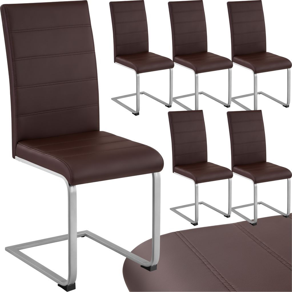 A set of four brown faux leather dining chairs with silver sled bases are shown. Another chair is partially visible on the left.