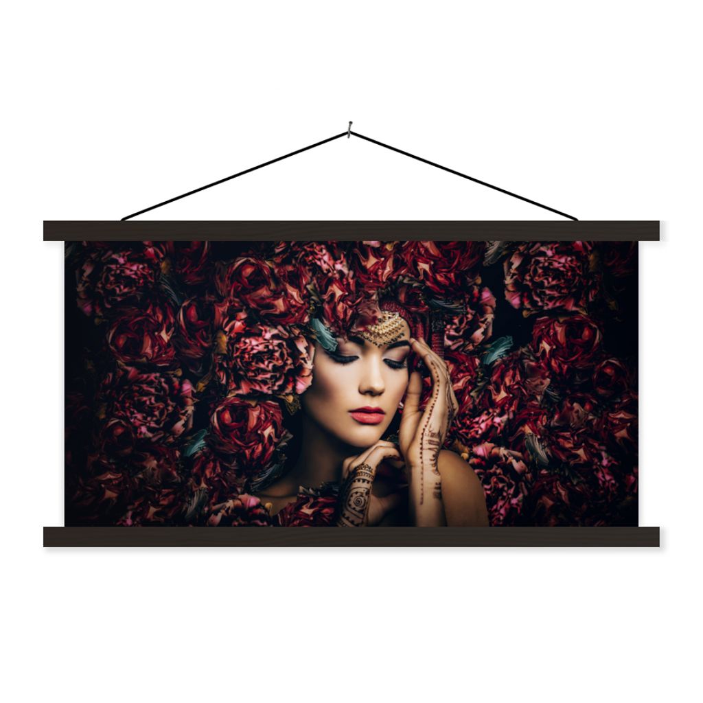 MuchoWow Textilposter Frau - Blumen - Henna - Porträt 60x30 cm mit schwarzem Rahmen - Textilien