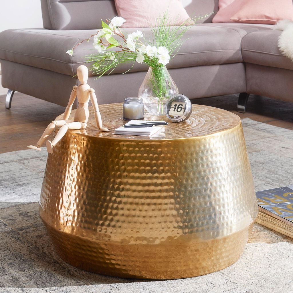 WOHNLING Couchtisch 60x36x60 cm Aluminium Beistelltisch Gold Orientalisch Rund Flacher Hammerschlag Sofatisch Metall Wohnzimmertisch Modern