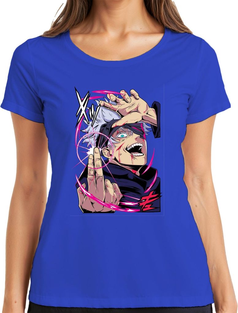 Jujutsu Kaisen Gojo weißes Haar Augenbinde Energiekreis Anime Damen T-Shirt, Blau, M