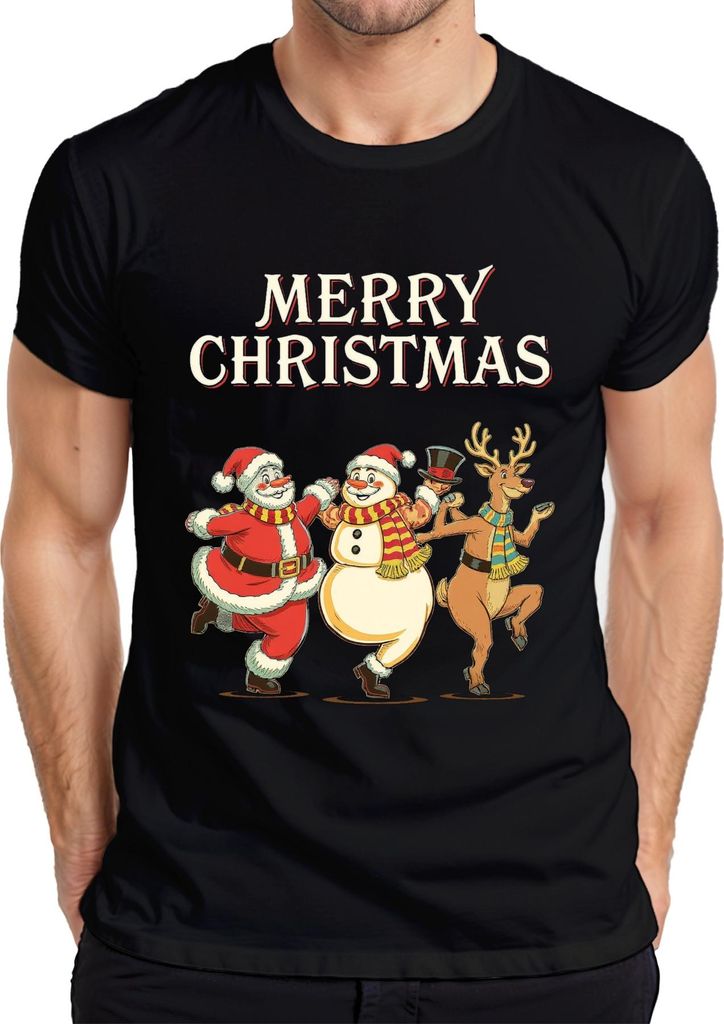 MERRY CHRISTMAS Weihnachtsmann Schneemann Rentier tanzend Vintage Herren T-Shirt, Schwarz, XXL