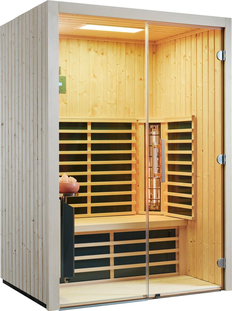 Infraworld Infrarotkabine TrioSol Glas 145 Fichte 145x112 cm mit 2 ABC-Strahler Salzverdampfer