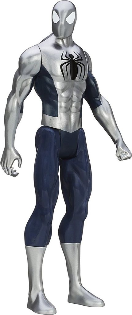 A full-body shot of a Spiderman action figure against a white background.