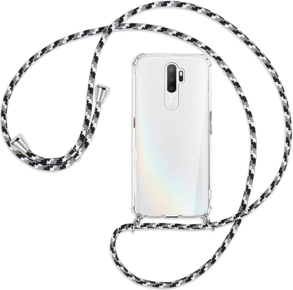 Handykette Backcover-Schutzhülle mit Band (Metall silberfarben) für Oppo A5 2020 / A9 2020 / A11x - schwarz/grau/weiß