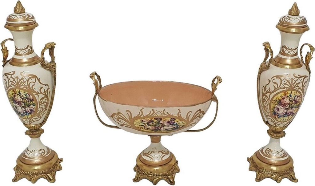 Casa Padrino Barock Deko Keramik Vasen Set mit Schale Creme / Mehrfarbig / Messing - Prunkvolle Deko im Barockstil - Barock Deko Accessoires - Baro...
