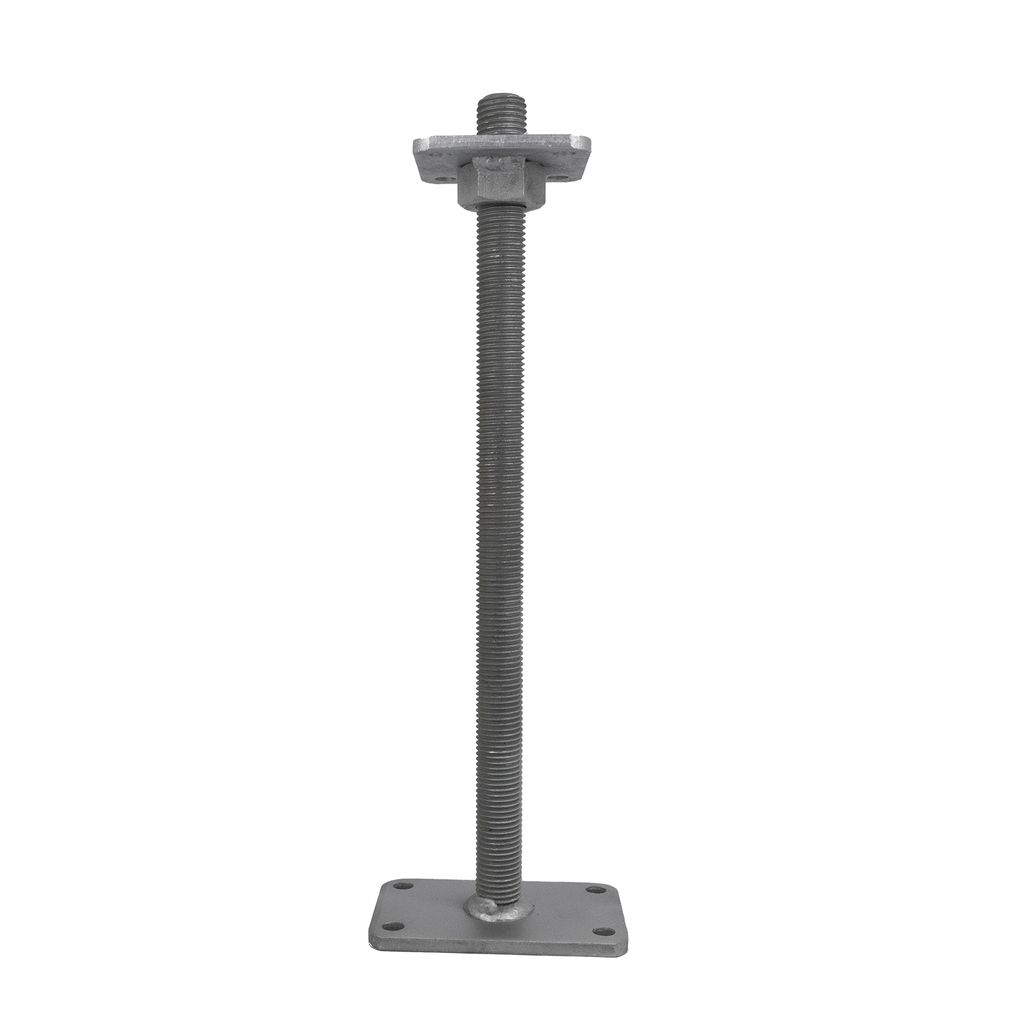 A metal post support with an adjustable threaded rod and a base plate, isolated on a white background.
