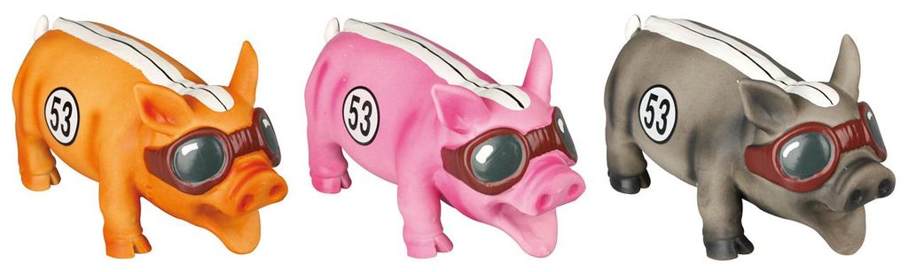 Hundespielzeug Latexschwein in Rennfahreroptik mit OINK Geräusch