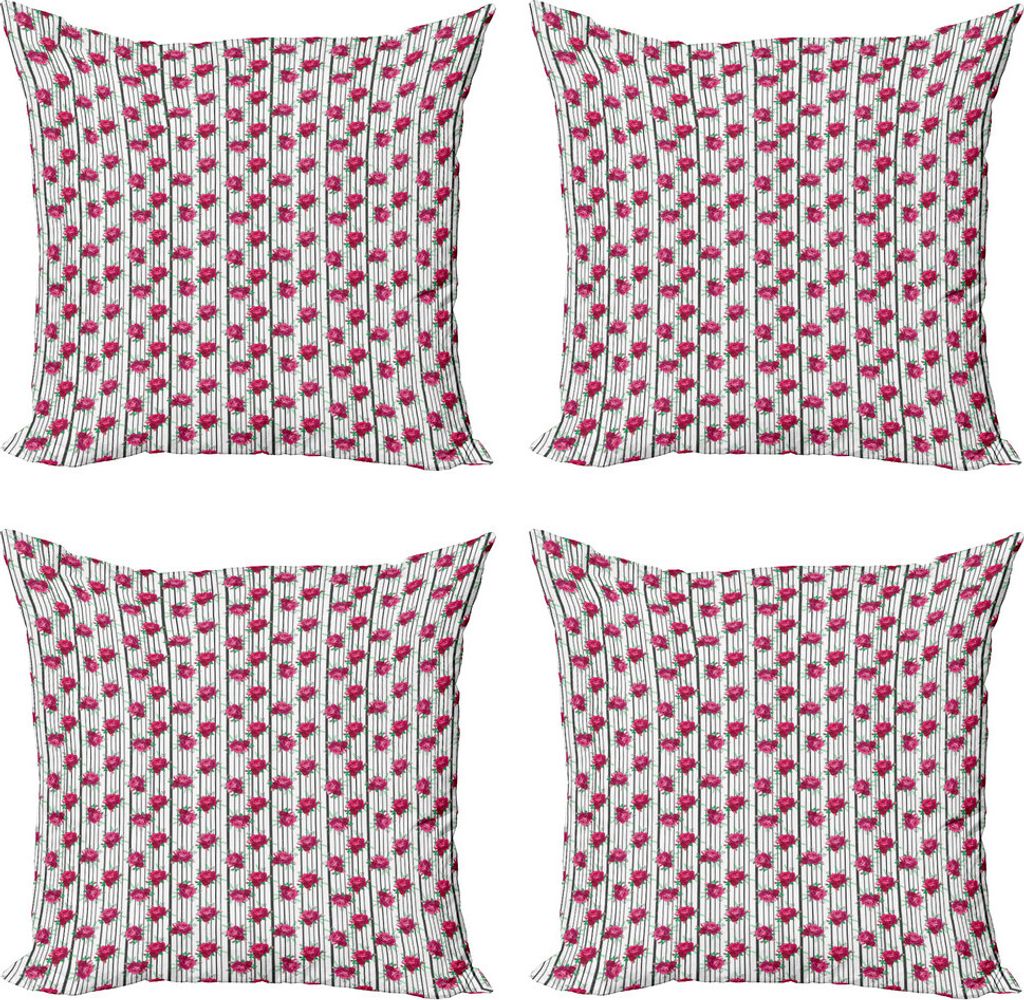 ABAKUHAUS Rosen Kissenbezug Set (4 Stück), Blumenstrauß mit Knospen auf Streifen, Moderner Doppelseitiger Digitaldruck, 50 cm x 50 cm, Mehrfarbig