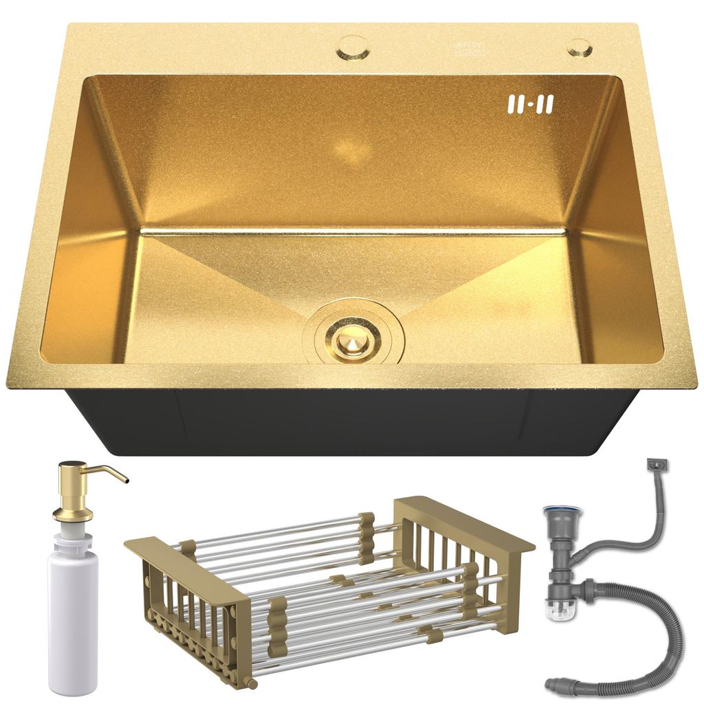 ANW HOME Spülbecken Küchenspüle 65x45 cm, Einbauspüle Edelstahl in Gold PVD, Spüle ohne Abtropffläche mit Nano-Oberfläche, Stärke 3,0+1 mm,...