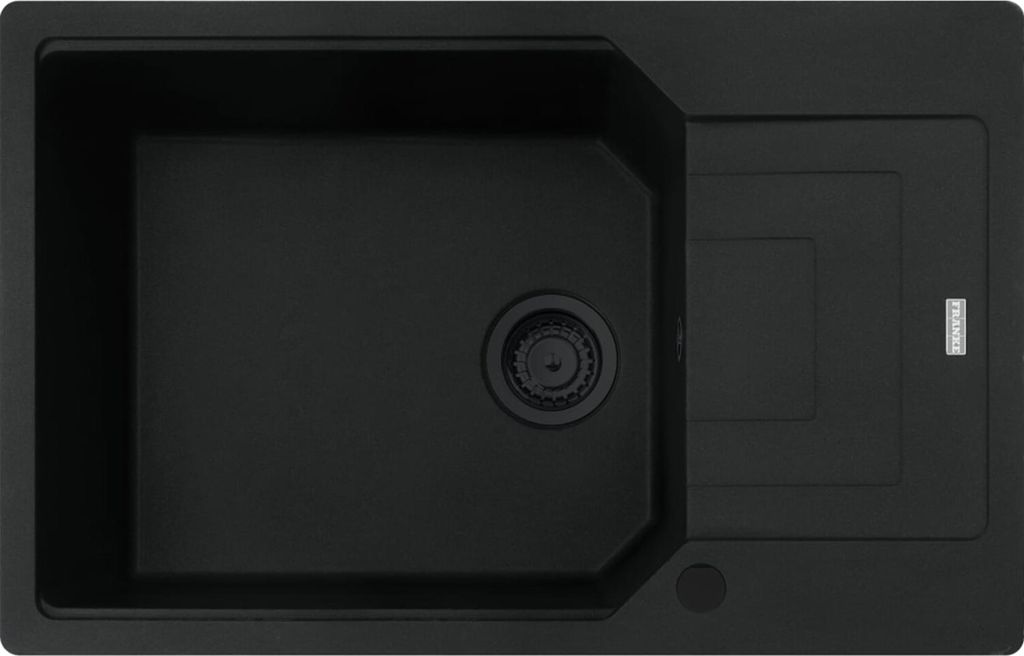 A top-down view of a black kitchen sink.