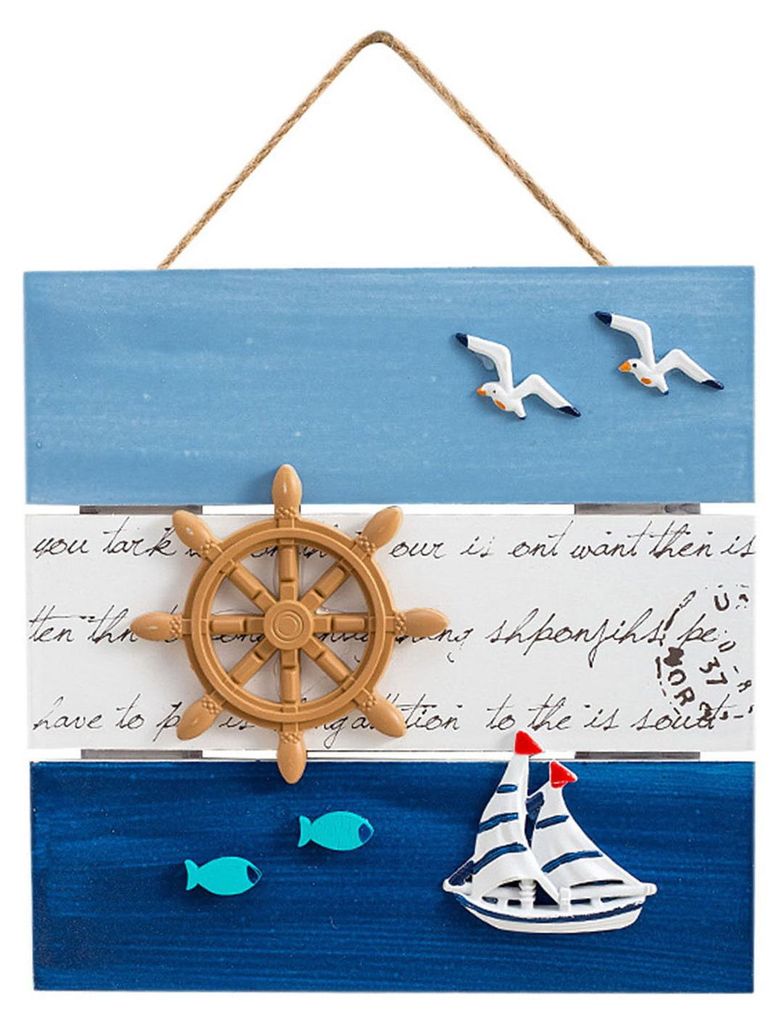Wandbild aus Holz mit Strandmotiv, gerahmt, Küsten- und Ozeanmotiv, mit Steuerrad, Muschel und Segelboot, für Badezimmer, Schlafzimmer oder Wohnz...