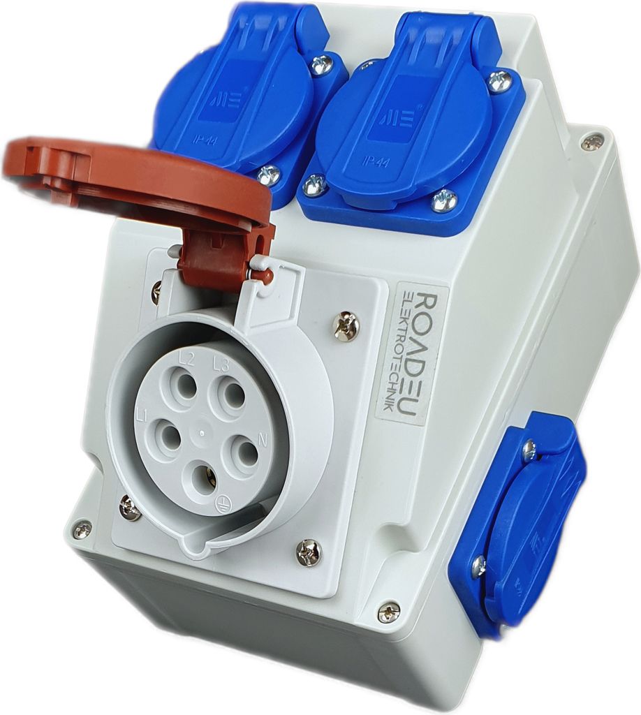 RoadEu - CEE Steckdose 16A und 3x Schuko Verteiler - Steckdosenverteiler - Stromverteiler 16A, IP44 Für den Innen- und Außeneinsatz Baustromverte...
