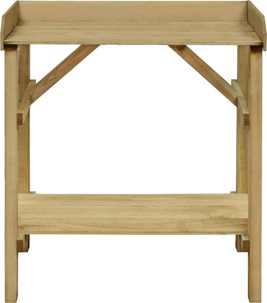 A wooden potting bench is shown against a white background.