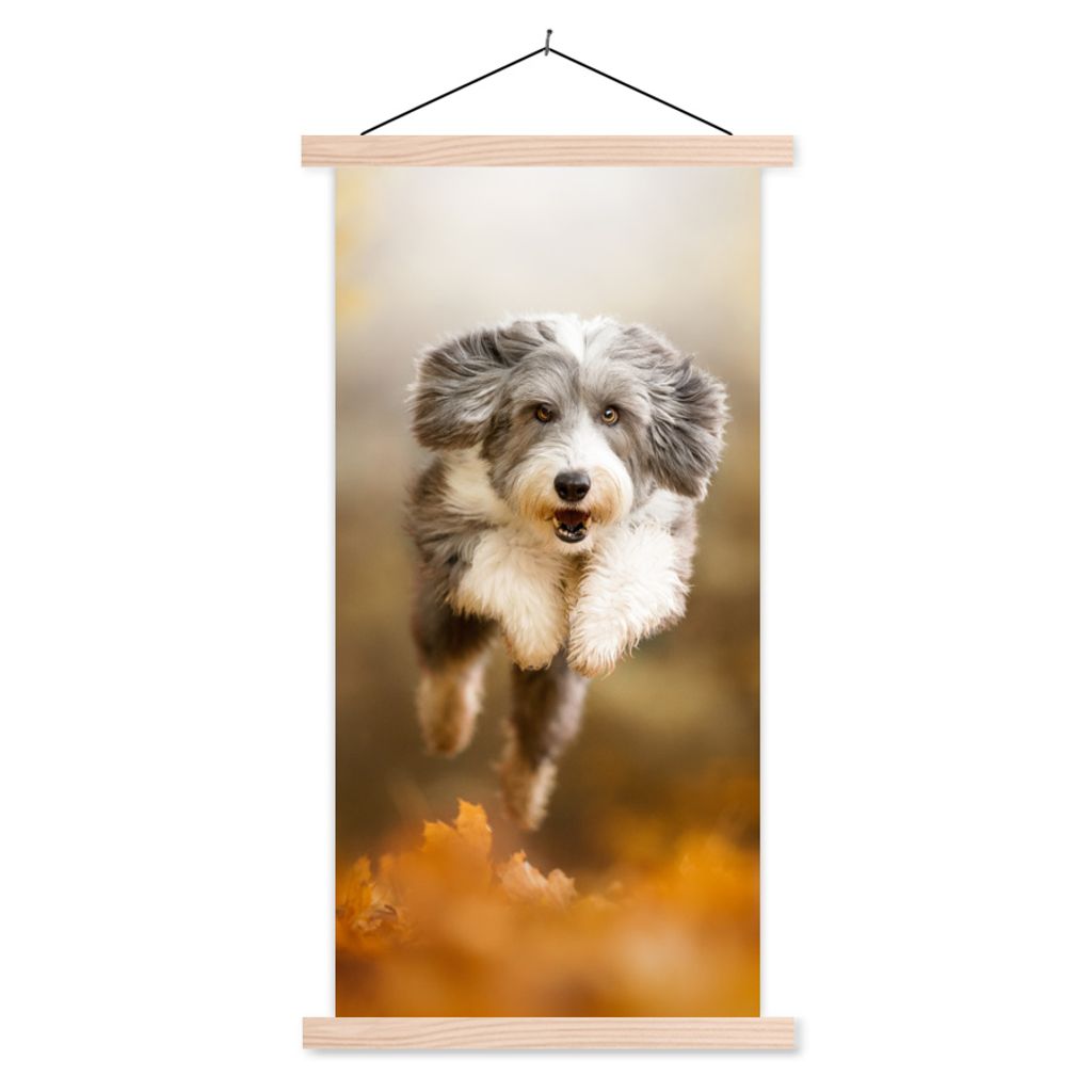 MuchoWow Textilposter Hund - Laub - Herbst 60x120 cm mit holzfarbenen Rahmen - Holz