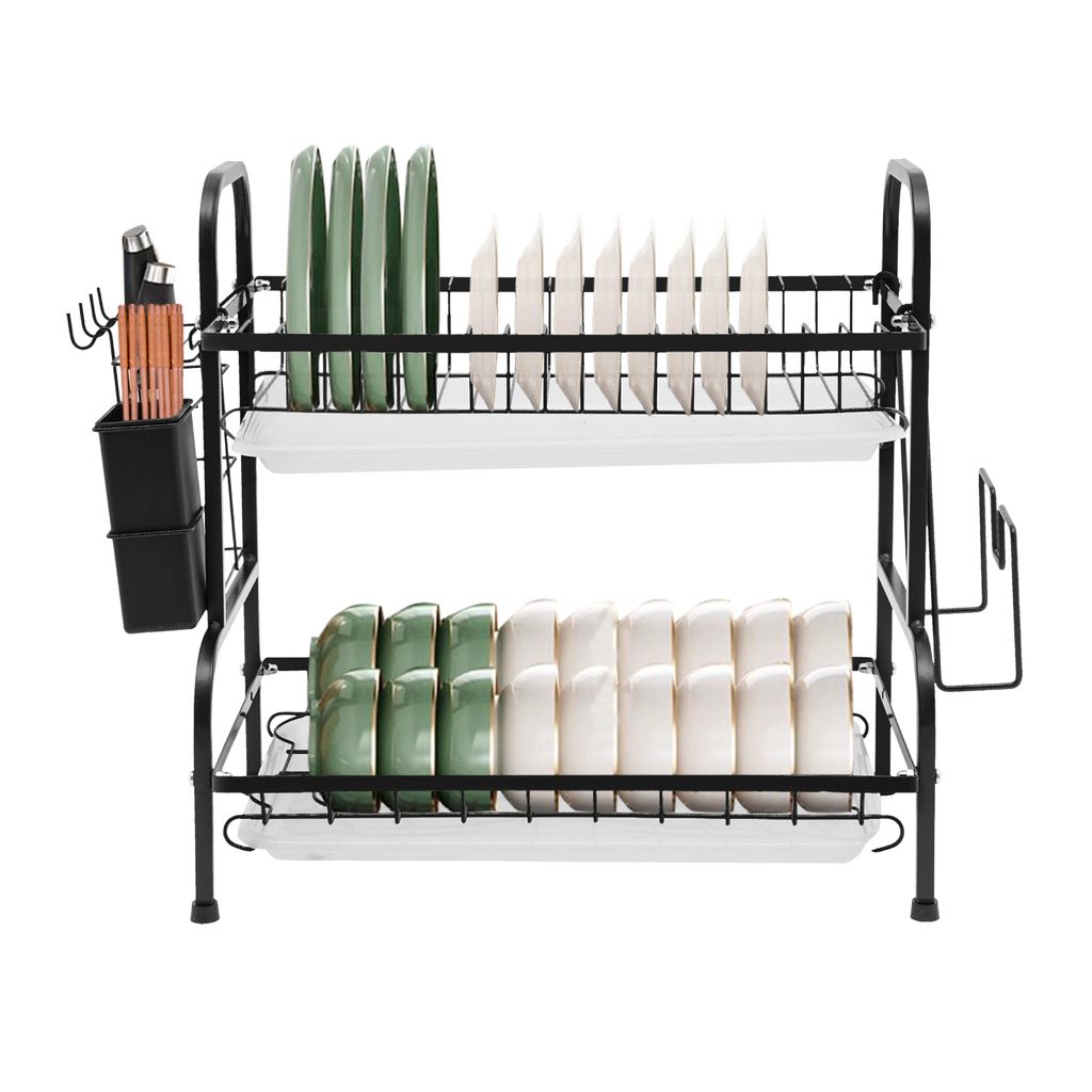 Geschirrkörbe Dish Drain Rack mit Ablaufbrett Schüssel Rack Schneidebrett Regal (Schwarz)
