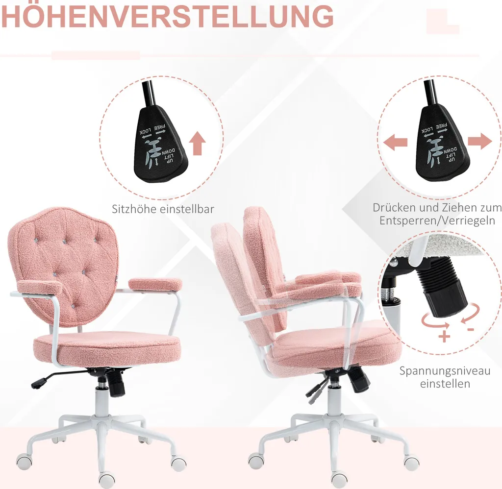 Sedia da ufficio HOMCOM, sedia da scrivania ergonomica con funzione dondolo, rivestimento con bottoni, sedia per computer regolabile in altezza con funzione girevole, per l'ufficio di casa, orsetto in pile, rosa - 5