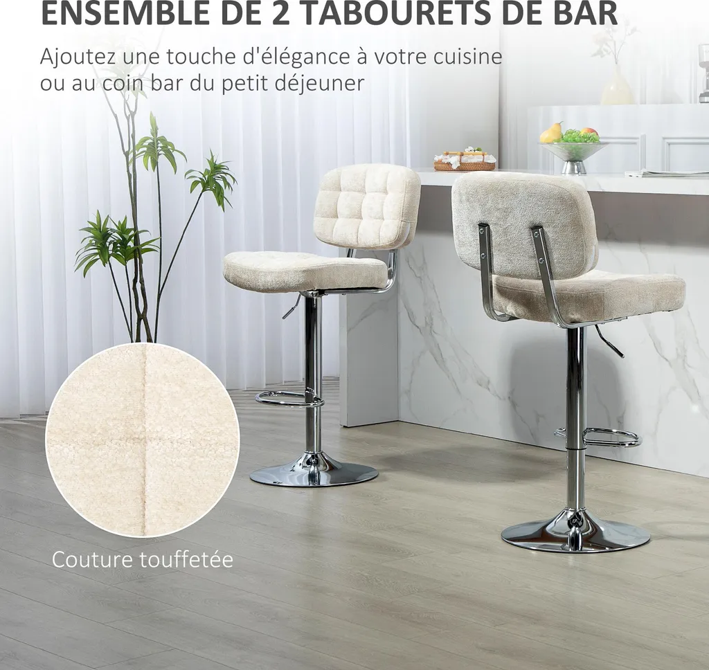 Tabouret de bar confortable réglable en hauteur dos soutenu beige - 3